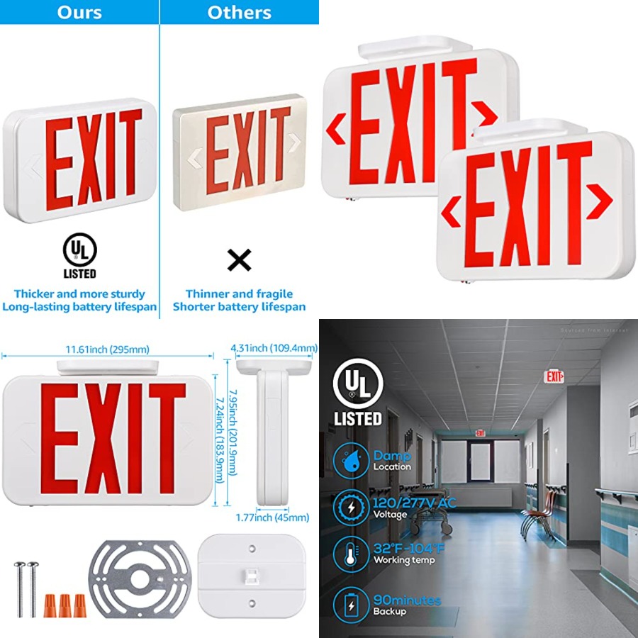 Emergency Exit Sign - LED-uitgangsbord, nooduitgangsverlichting met batterijreserve, dubbelzijdig, UL